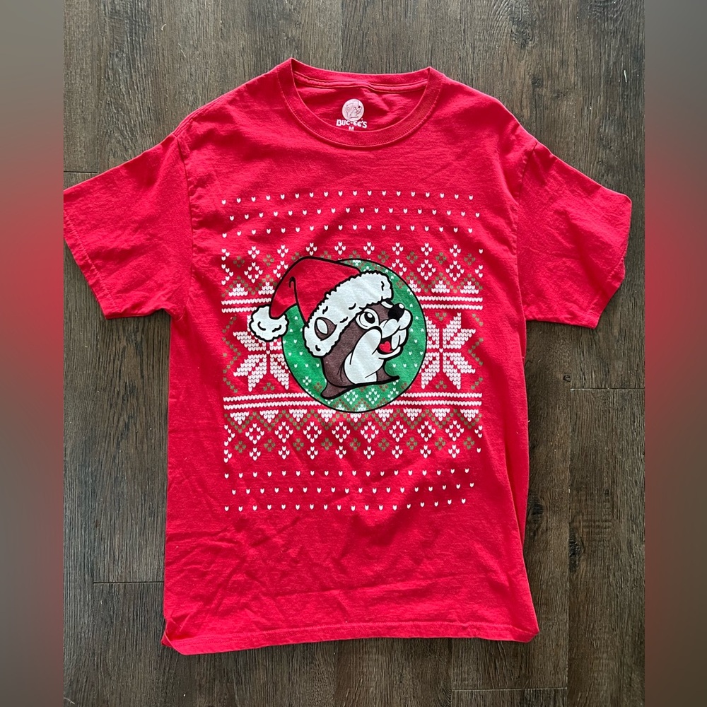 Size medium red short sleeve Bucees Christmas tshirt.  Ugly Christmas sweater